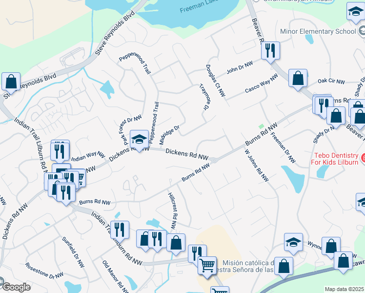 map of restaurants, bars, coffee shops, grocery stores, and more near 1360 Dickens Road Northwest in Lilburn