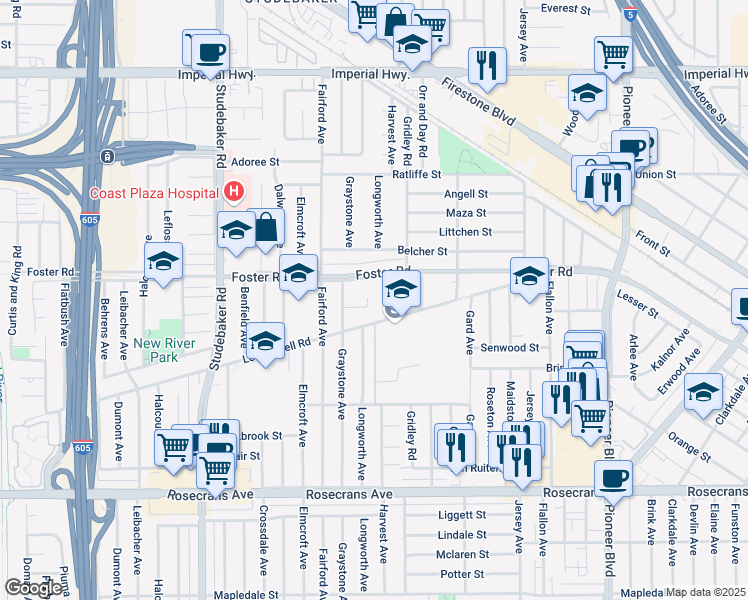 map of restaurants, bars, coffee shops, grocery stores, and more near 11268 Hoback Street in Norwalk