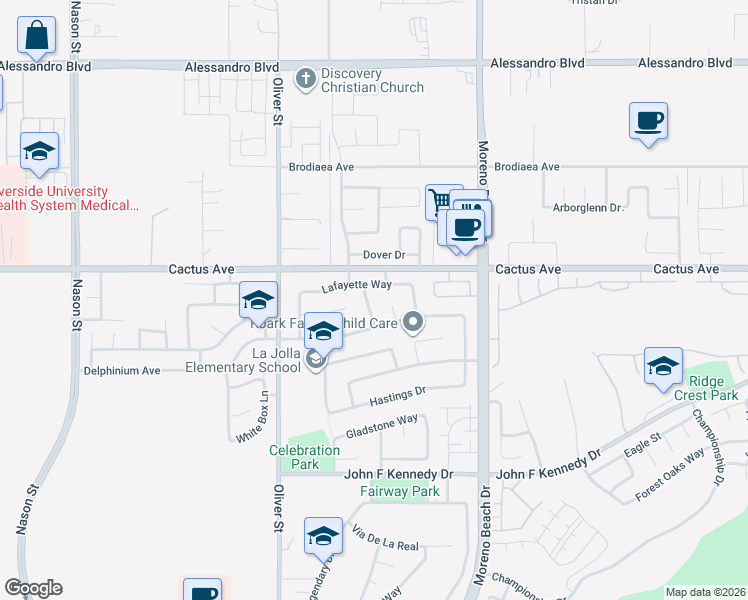 map of restaurants, bars, coffee shops, grocery stores, and more near 14578 Newburgh Road in Moreno Valley