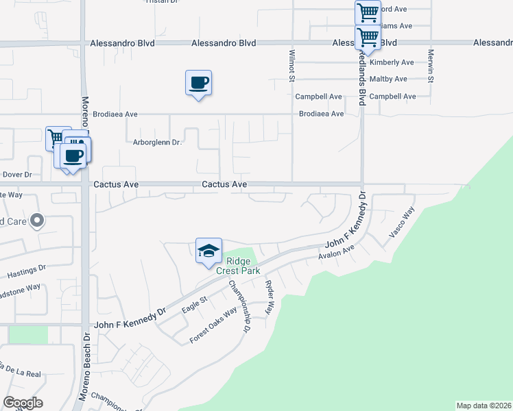 map of restaurants, bars, coffee shops, grocery stores, and more near 28609 Carnoustie Avenue in Moreno Valley