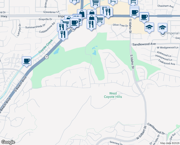 map of restaurants, bars, coffee shops, grocery stores, and more near 1841 South Floyd Court in La Habra