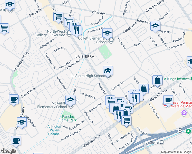 map of restaurants, bars, coffee shops, grocery stores, and more near 4209 Ferguson Court in Riverside