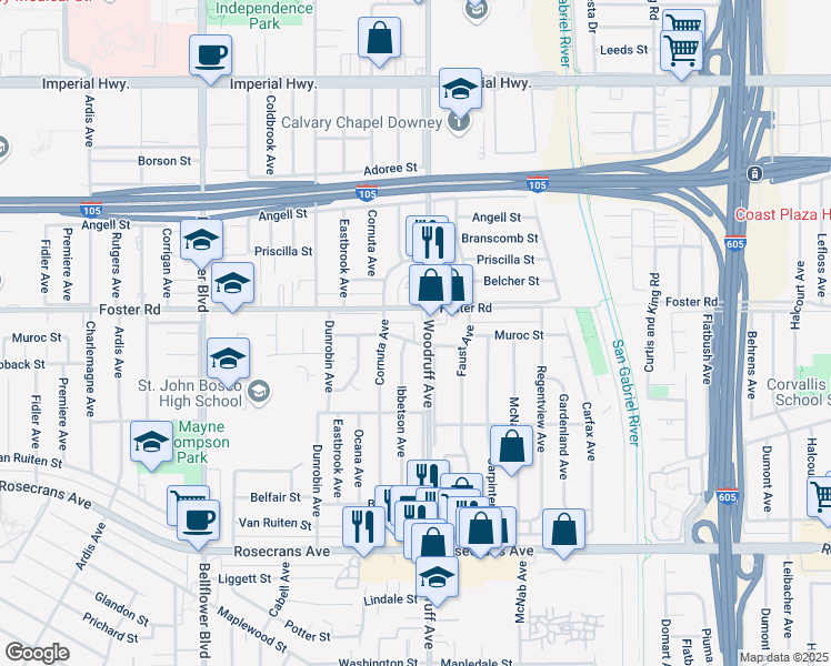map of restaurants, bars, coffee shops, grocery stores, and more near 10019 Muroc Street in Bellflower
