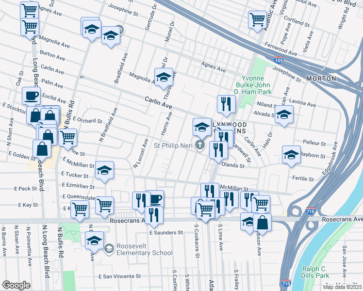 map of restaurants, bars, coffee shops, grocery stores, and more near 12601 Waldorf Drive in Lynwood