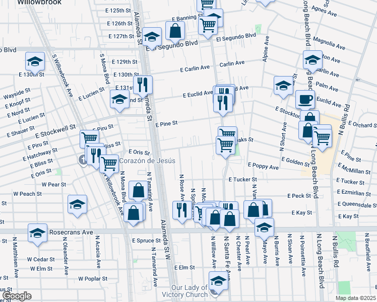 map of restaurants, bars, coffee shops, grocery stores, and more near 428 East Oaks Street in Compton