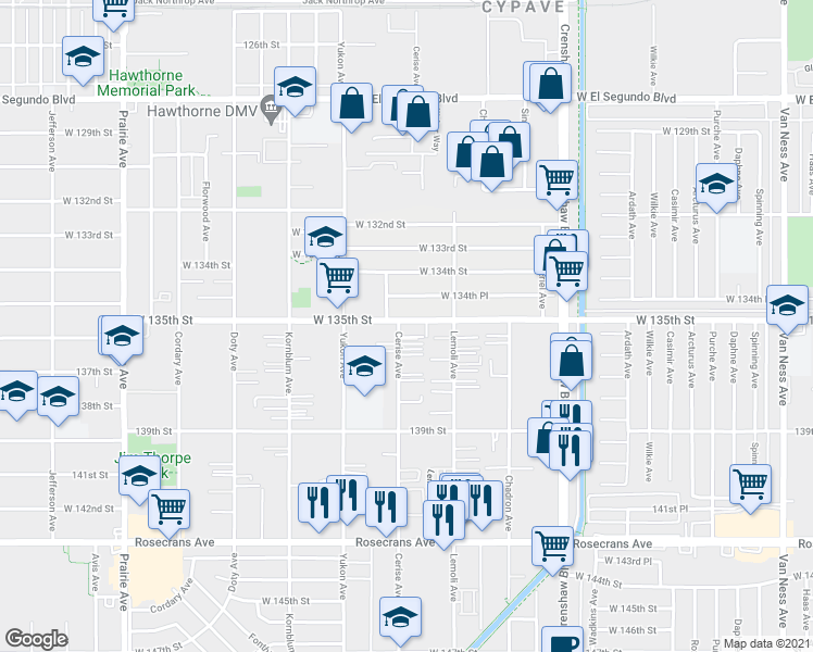map of restaurants, bars, coffee shops, grocery stores, and more near 3332 West 135th Street in Hawthorne