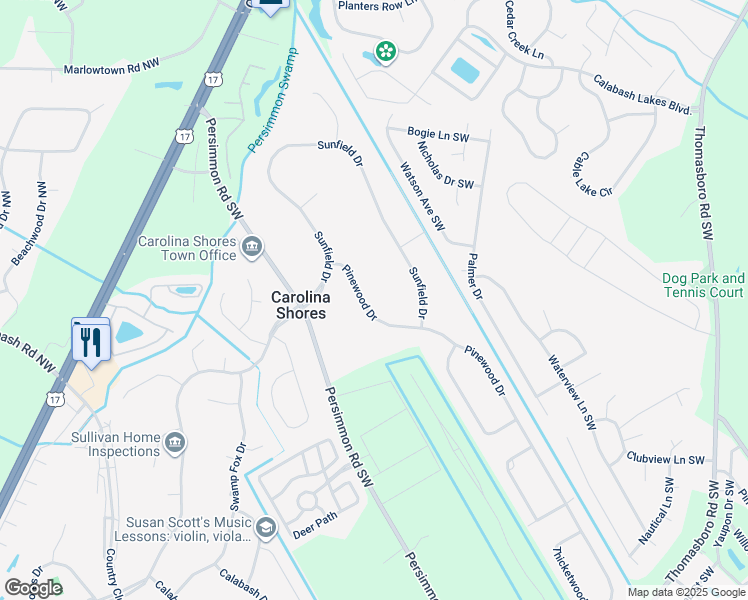 map of restaurants, bars, coffee shops, grocery stores, and more near 4 Pinewood Drive in Carolina Shores