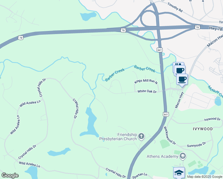 map of restaurants, bars, coffee shops, grocery stores, and more near 1332 White Oak Drive in Athens