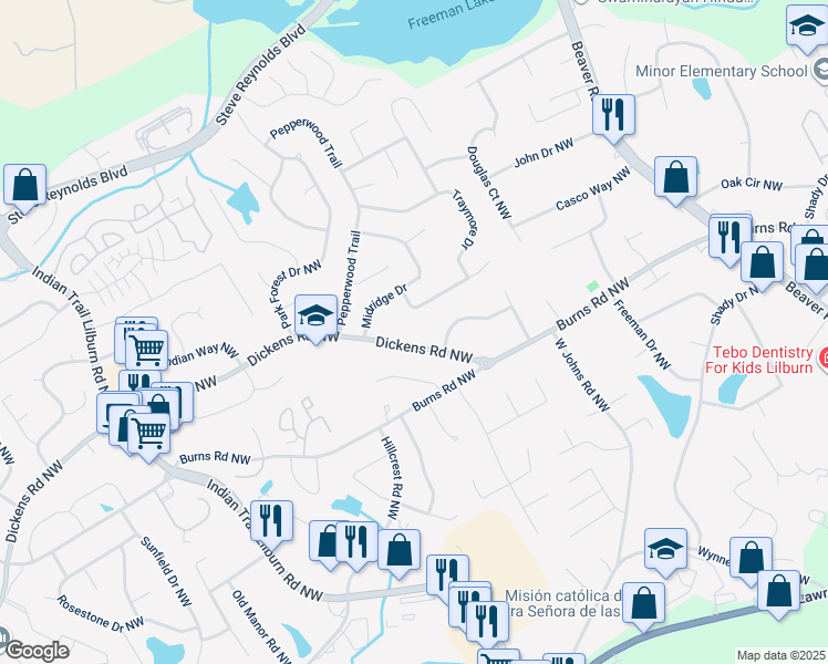 map of restaurants, bars, coffee shops, grocery stores, and more near 1360 Dickens Road Northwest in Lilburn