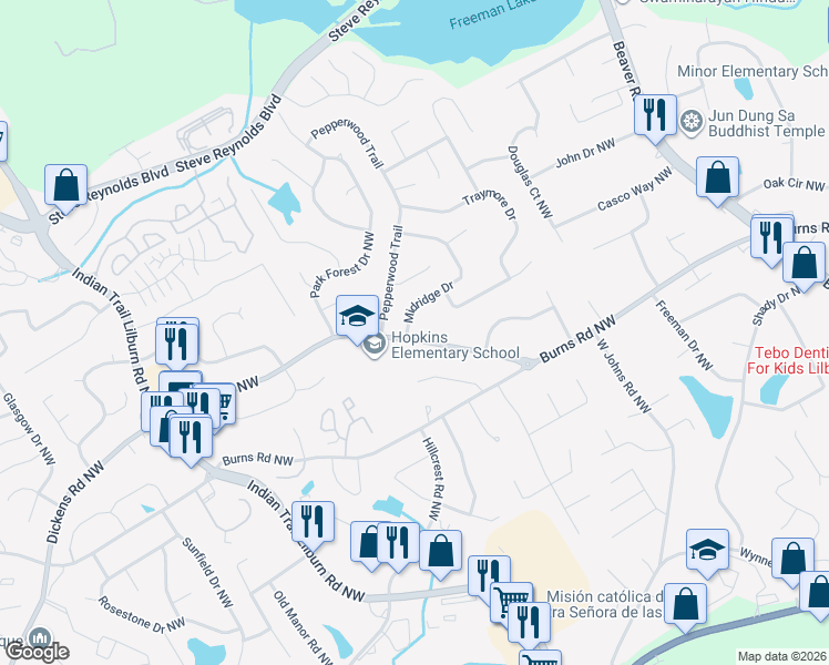 map of restaurants, bars, coffee shops, grocery stores, and more near 4710 Midridge Drive in Norcross