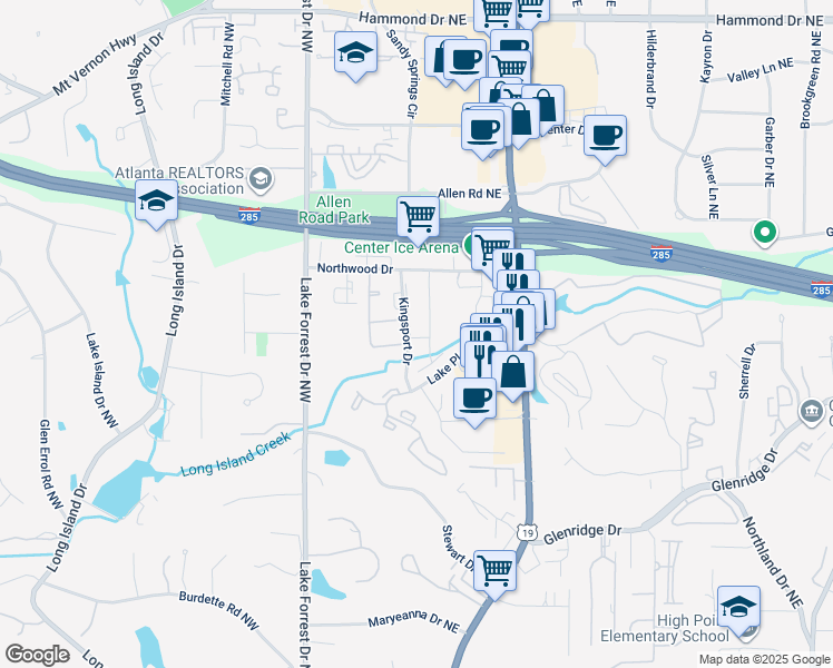 map of restaurants, bars, coffee shops, grocery stores, and more near 5543 Kingsport Drive in Atlanta