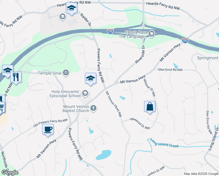 map of restaurants, bars, coffee shops, grocery stores, and more near 750 Mount Vernon Highway in Atlanta