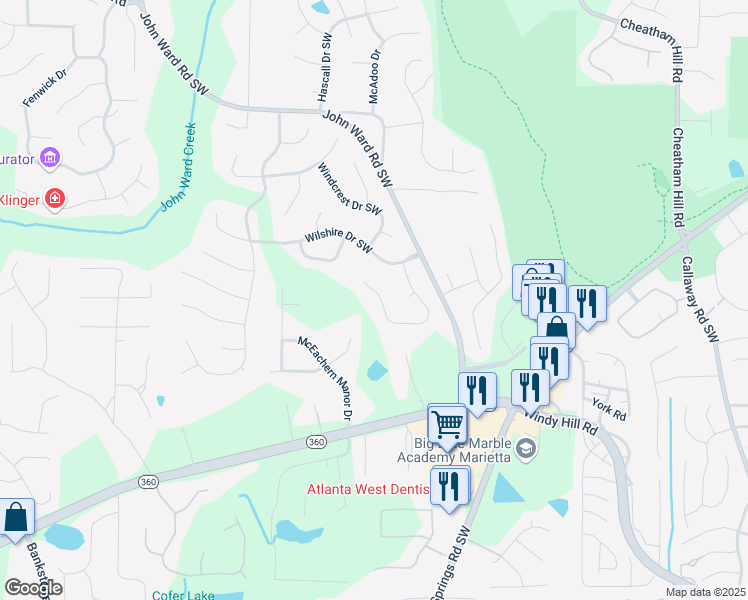 map of restaurants, bars, coffee shops, grocery stores, and more near 1763 Benningfield Drive Southwest in Marietta