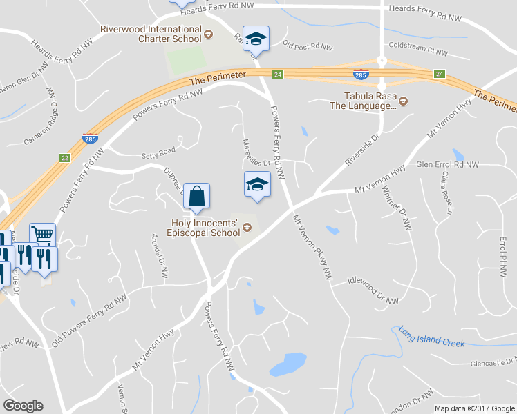 map of restaurants, bars, coffee shops, grocery stores, and more near 805 Mount Vernon Highway Northwest in Atlanta