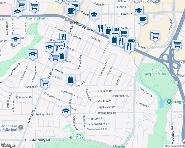 map of restaurants, bars, coffee shops, grocery stores, and more near 601 Laurel Avenue in Brea