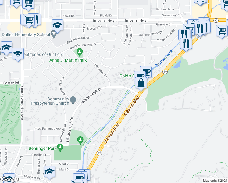 map of restaurants, bars, coffee shops, grocery stores, and more near 13430 Ashbury Court in La Mirada