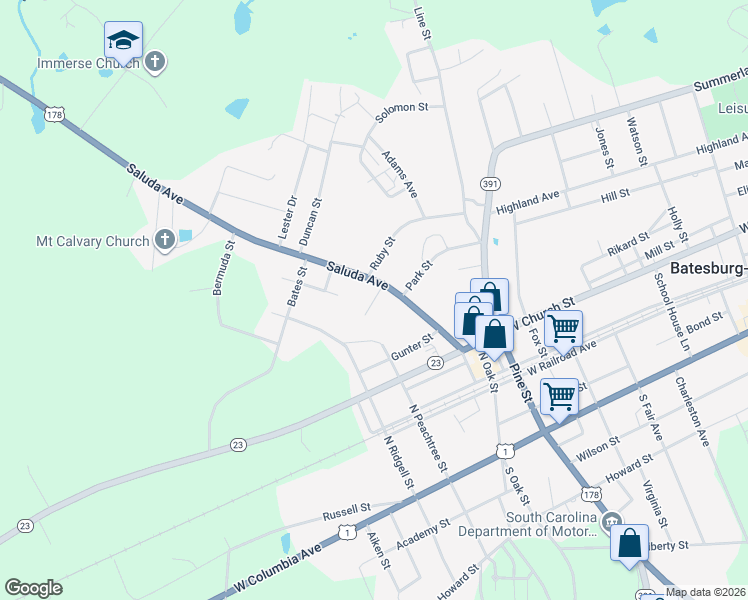 map of restaurants, bars, coffee shops, grocery stores, and more near Short Street in Batesburg-Leesville