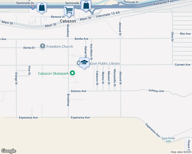 map of restaurants, bars, coffee shops, grocery stores, and more near 14615 Cabazon Street in Cabazon