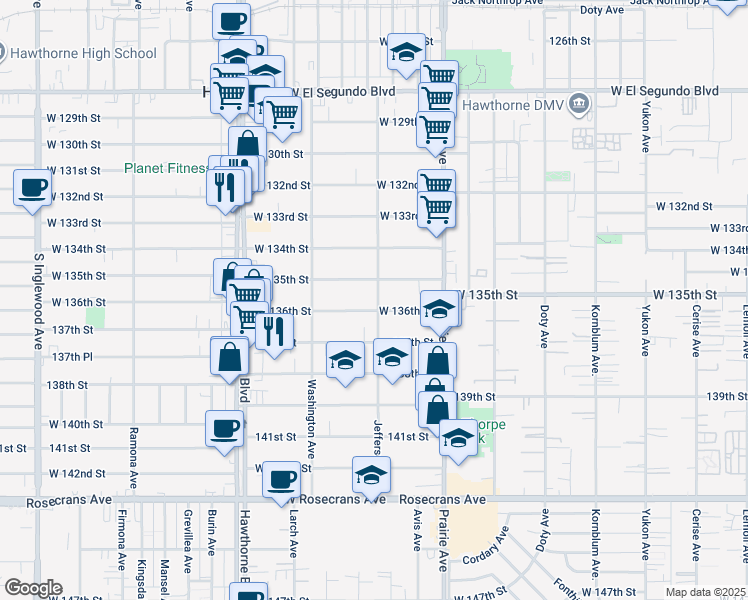 map of restaurants, bars, coffee shops, grocery stores, and more near 13535 Jefferson Avenue in Hawthorne