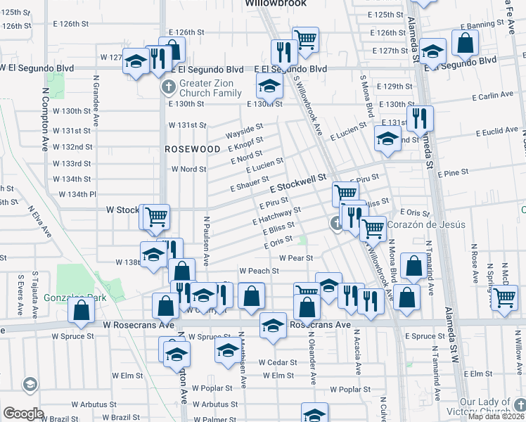 map of restaurants, bars, coffee shops, grocery stores, and more near 2104 East Piru Street in Compton