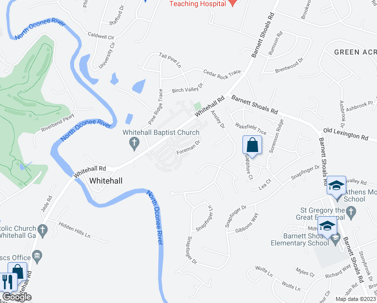 map of restaurants, bars, coffee shops, grocery stores, and more near 141 Foreman Drive in Athens