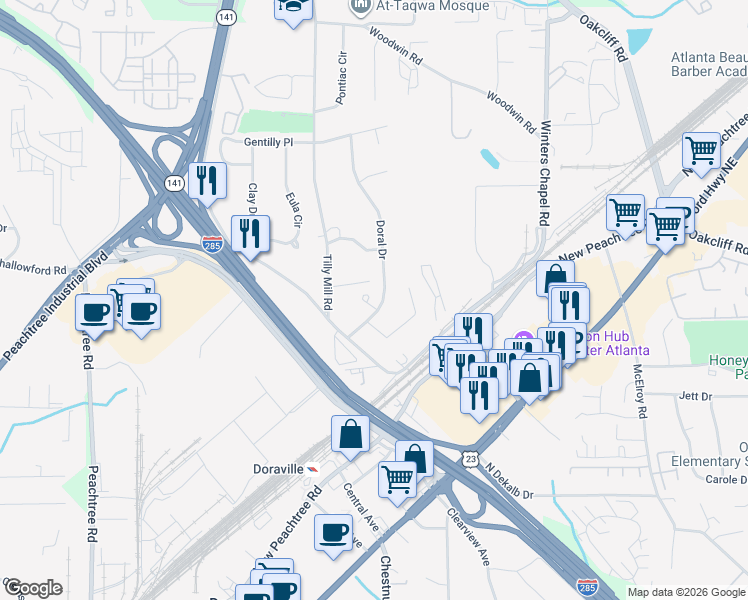 map of restaurants, bars, coffee shops, grocery stores, and more near 3958 Doral Drive in Doraville