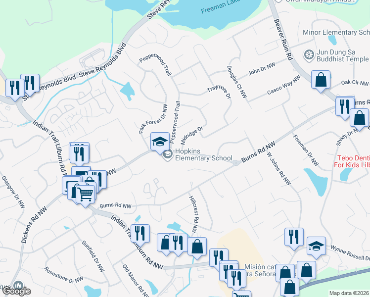 map of restaurants, bars, coffee shops, grocery stores, and more near 4710 Midridge Drive in Norcross