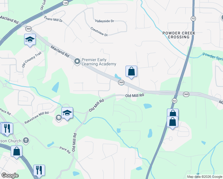 map of restaurants, bars, coffee shops, grocery stores, and more near 99 Macland Mill Drive in Dallas