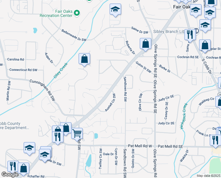 map of restaurants, bars, coffee shops, grocery stores, and more near Austell Road Southwest & Austell Circle Southwest in Marietta