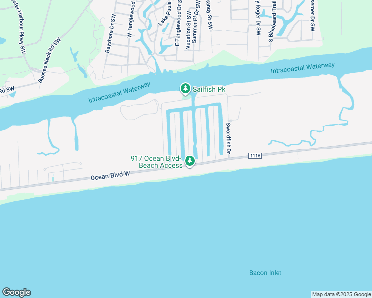 map of restaurants, bars, coffee shops, grocery stores, and more near 117 Marlin Drive in Holden Beach