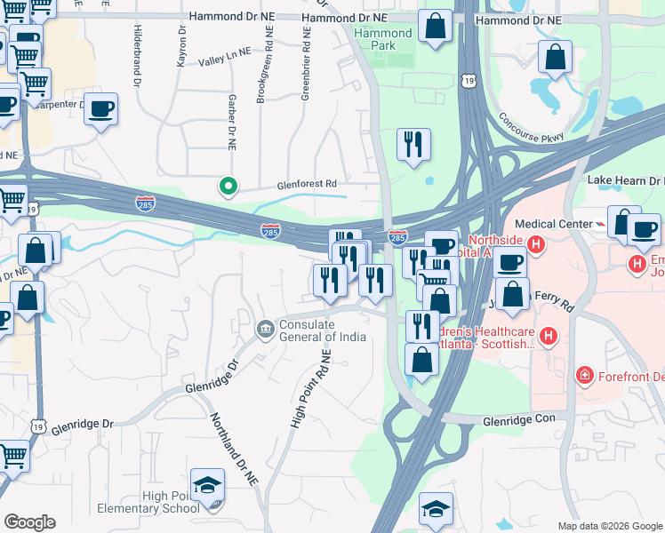 map of restaurants, bars, coffee shops, grocery stores, and more near 5577 High Point Road Northeast in Atlanta