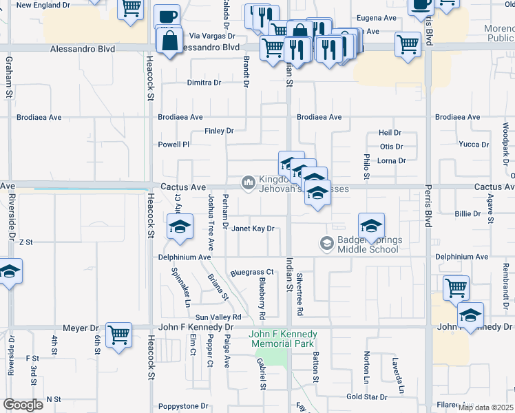 map of restaurants, bars, coffee shops, grocery stores, and more near 14575 Justin Place in Moreno Valley