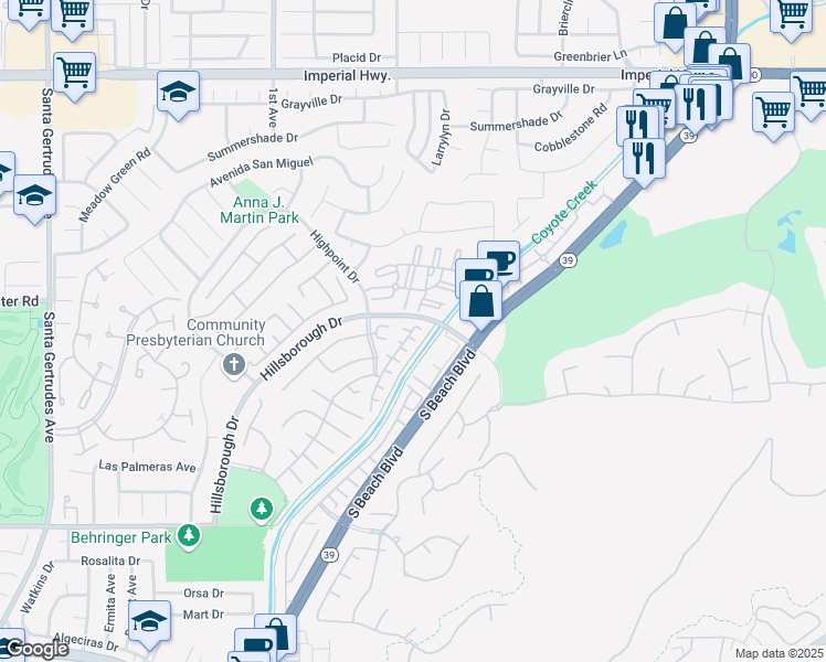map of restaurants, bars, coffee shops, grocery stores, and more near 13621 Freemont Court in La Mirada