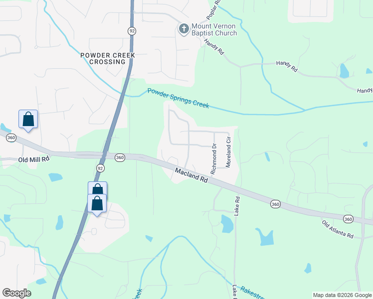 map of restaurants, bars, coffee shops, grocery stores, and more near 115 Covington Drive in Hiram