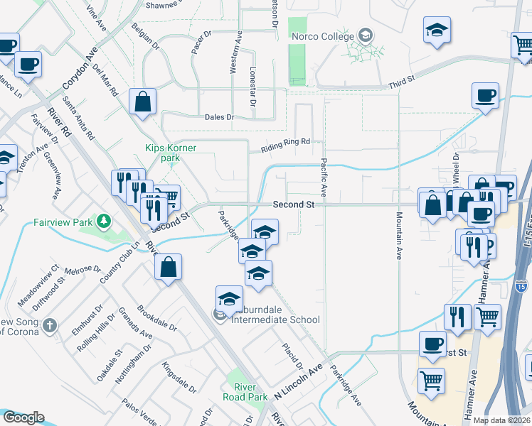 map of restaurants, bars, coffee shops, grocery stores, and more near 2904 2nd Street in Norco