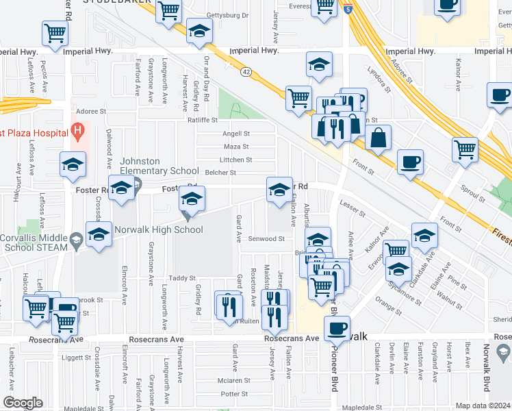 map of restaurants, bars, coffee shops, grocery stores, and more near 13506 Roseton Avenue in Norwalk