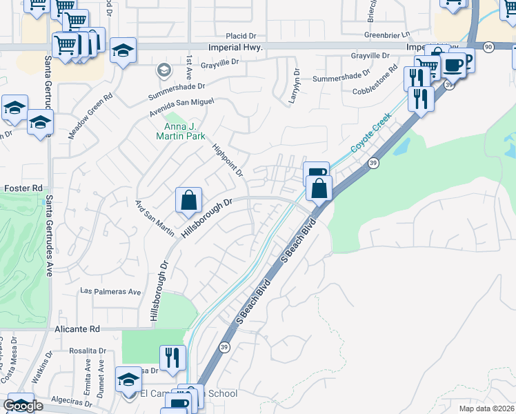 map of restaurants, bars, coffee shops, grocery stores, and more near 13430 Ashbury Court in La Mirada