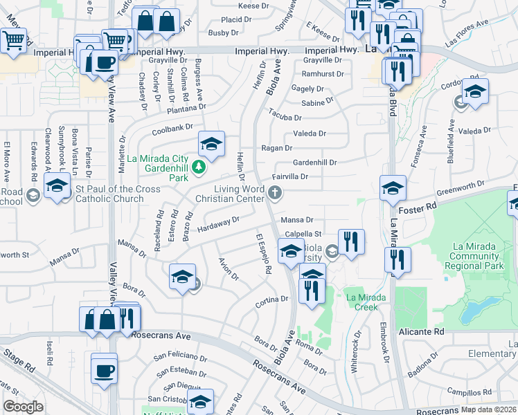 map of restaurants, bars, coffee shops, grocery stores, and more near 13514 Heflin Drive in La Mirada