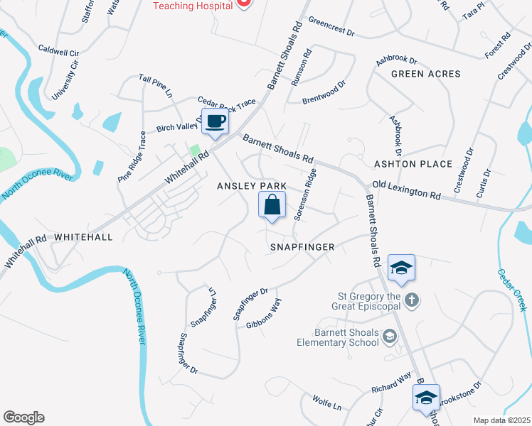 map of restaurants, bars, coffee shops, grocery stores, and more near 126 Sapphire Court in Athens