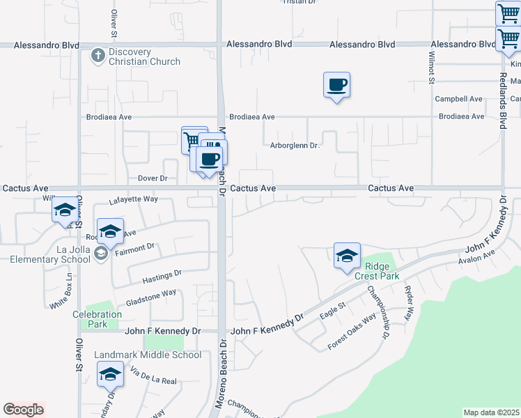 map of restaurants, bars, coffee shops, grocery stores, and more near in Moreno Valley