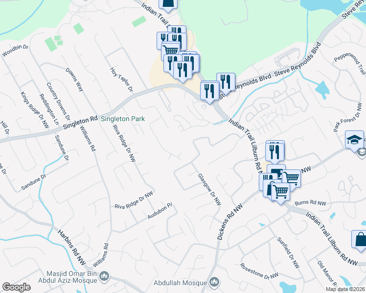 map of restaurants, bars, coffee shops, grocery stores, and more near 5109 Alhambra Court Northwest in Norcross