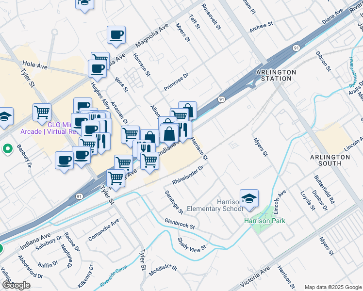 map of restaurants, bars, coffee shops, grocery stores, and more near 9900 Indiana Avenue in Riverside