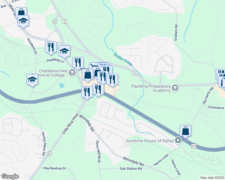 map of restaurants, bars, coffee shops, grocery stores, and more near 101 Thomas B Murphy Drive in Dallas