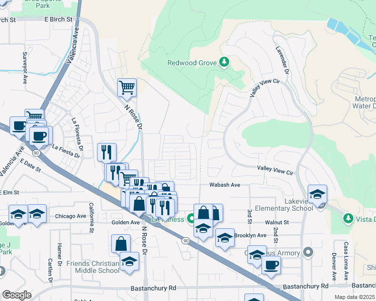 map of restaurants, bars, coffee shops, grocery stores, and more near 16959 Pleasant Way in Yorba Linda