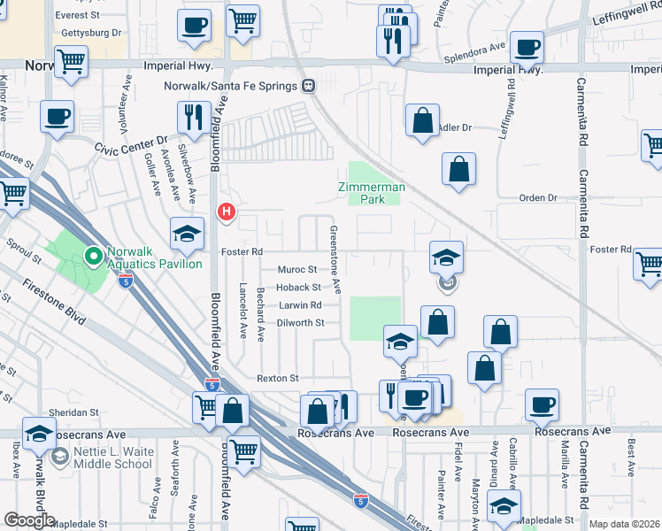 map of restaurants, bars, coffee shops, grocery stores, and more near 12849 Muroc Street in Norwalk