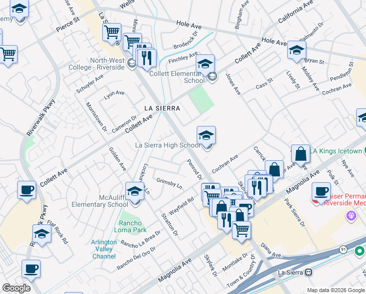 map of restaurants, bars, coffee shops, grocery stores, and more near 4209 Ferguson Court in Riverside