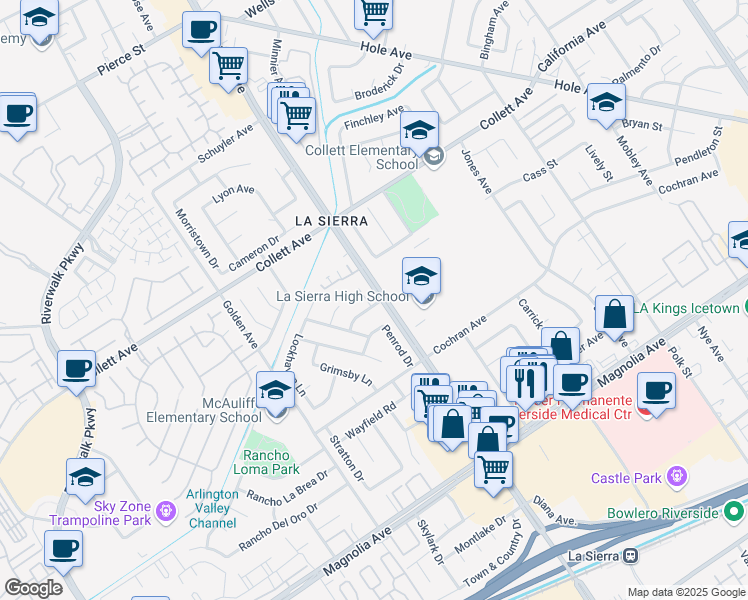 map of restaurants, bars, coffee shops, grocery stores, and more near 4201 Ferguson Court in Riverside