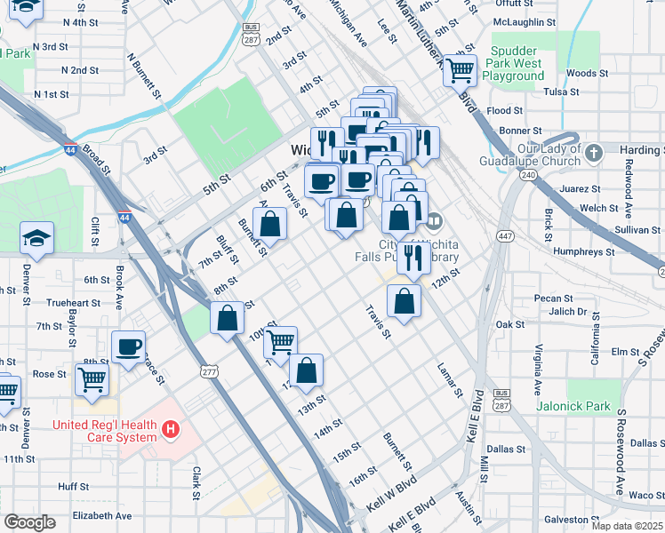 map of restaurants, bars, coffee shops, grocery stores, and more near 906 Travis Street in Wichita Falls