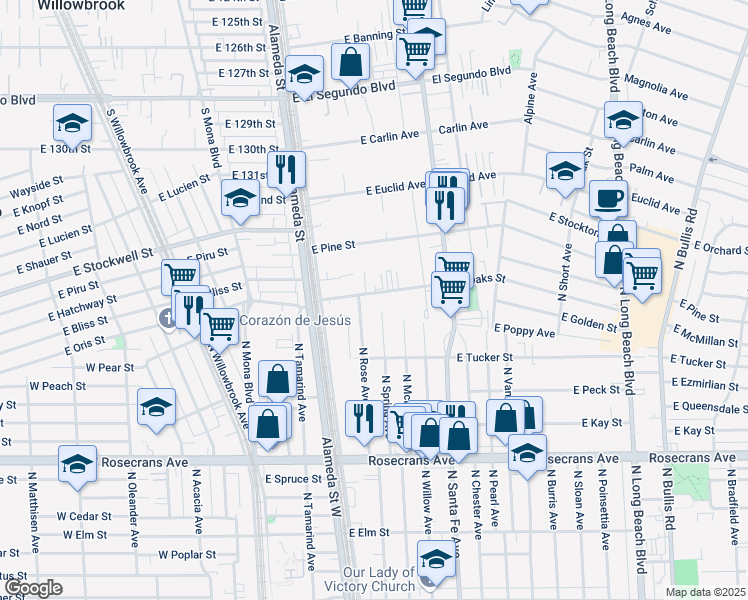 map of restaurants, bars, coffee shops, grocery stores, and more near 428 East Oaks Street in Compton