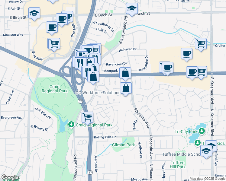 map of restaurants, bars, coffee shops, grocery stores, and more near 2902 Parkwood Court in Fullerton